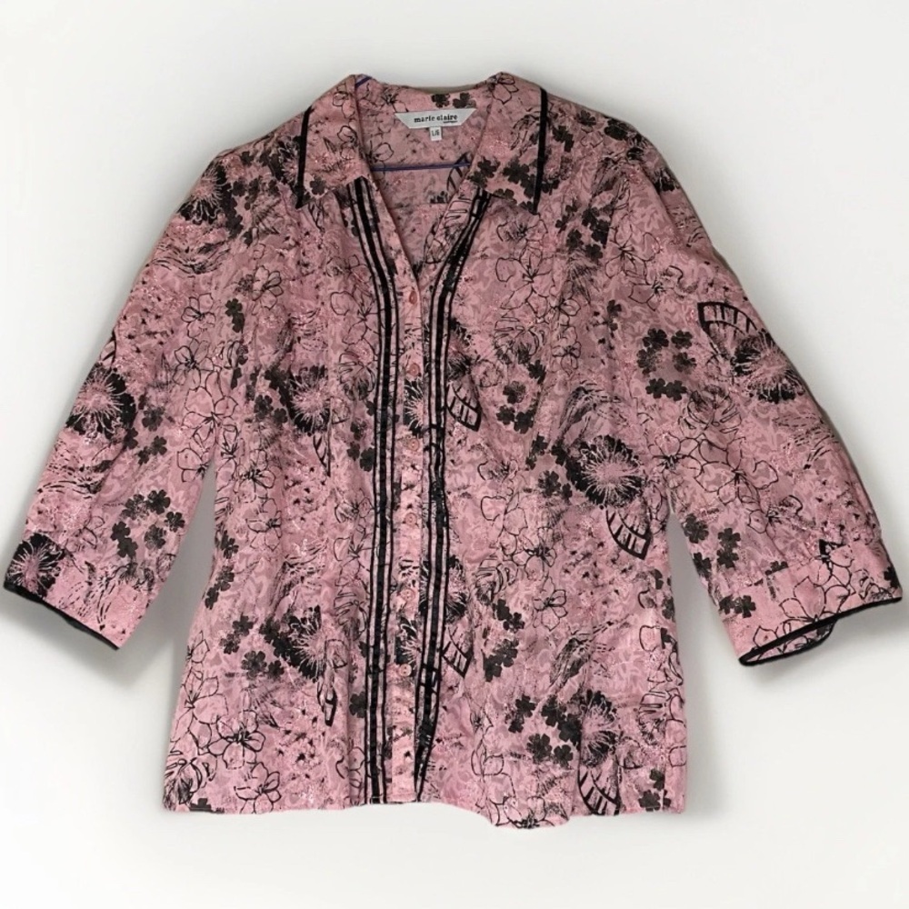 Marie Claire Sheer Embroidered Floral Pink Blouse Sz L Feminine Fairy Festival